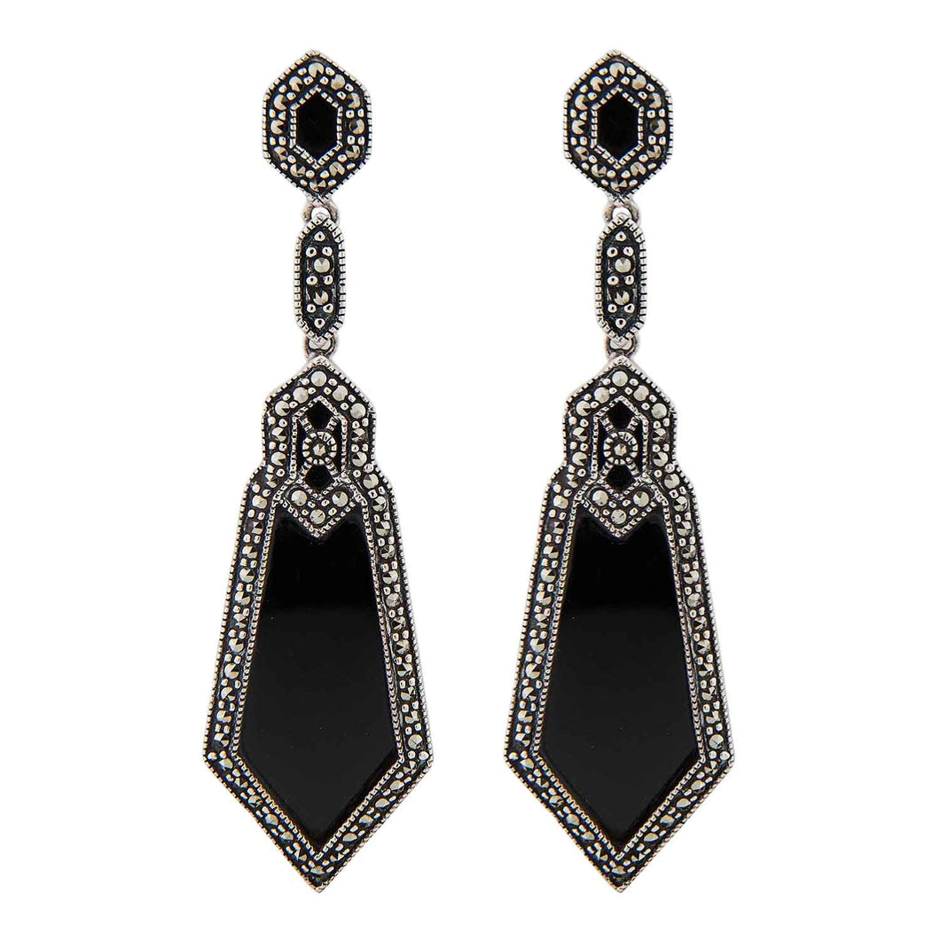 Harlow: Art Deco Design Drop Earrings in Onyx, Marcasite and Sterling Silver