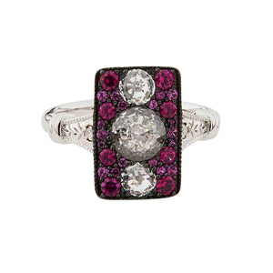 Inez: Antique Style Ring in Cubic Zirconia, Synthetic Ruby and Sterling Silver