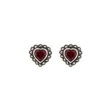 Load image into Gallery viewer, Jessica: Art Deco Heart Stud Earrings in Red Garnet, Marcasite and Sterling Silver