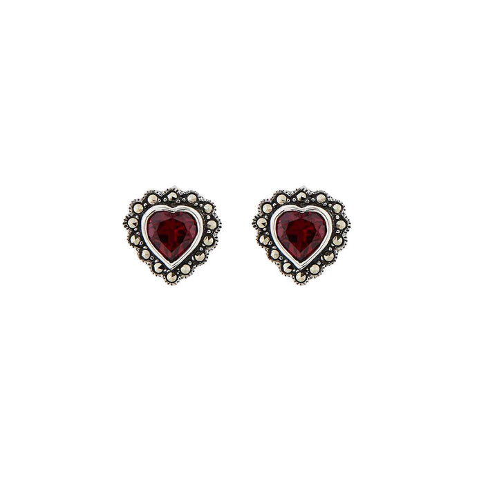 Jessica: Art Deco Heart Stud Earrings in Red Garnet, Marcasite and Sterling Silver