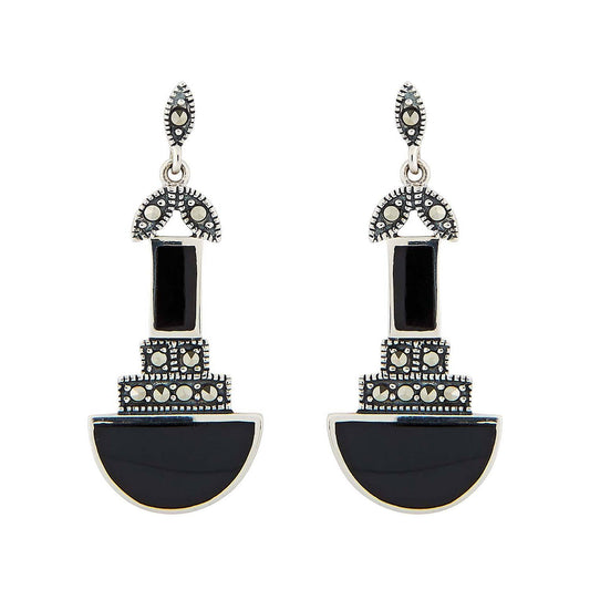 Jolene: Art Deco Drop Earrings in Black Onyx, Marcasite and Sterling Silver