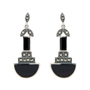 Jolene: Art Deco Drop Earrings in Black Onyx, Marcasite and Sterling Silver