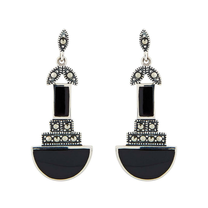 Jolene: Art Deco Drop Earrings in Black Onyx, Marcasite and Sterling Silver