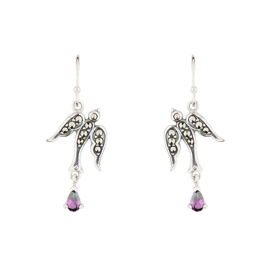 Joni: Swallow Earrings in Marcasite, Amethyst and Sterling Silver