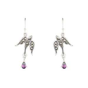 Joni: Swallow Earrings in Marcasite, Amethyst and Sterling Silver