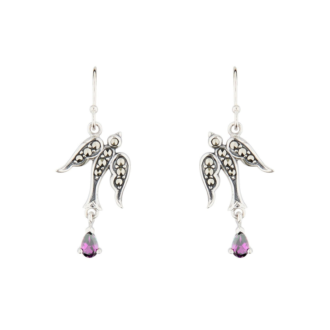 Joni: Swallow Earrings in Marcasite, Amethyst and Sterling Silver