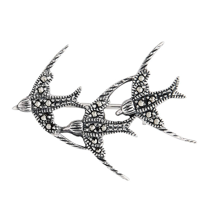 Joni: Vintage Design Three Swallows Brooch in Marcasite and Sterling Silver
