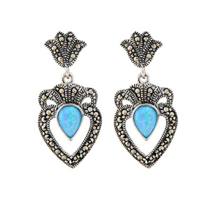Keira: Edwardian Style Earring in Created Opal. Marcasite and Sterling Silver