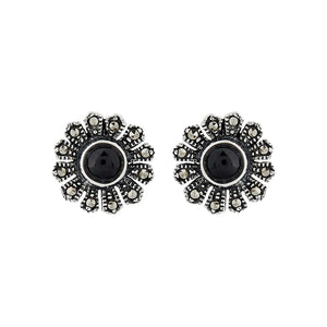 Kitty: Flower Stud Earrings in Black Onyx, Marcasite and Sterling Silver