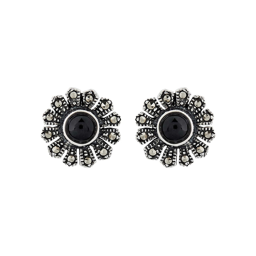 Kitty: Flower Stud Earrings in Black Onyx, Marcasite and Sterling Silver