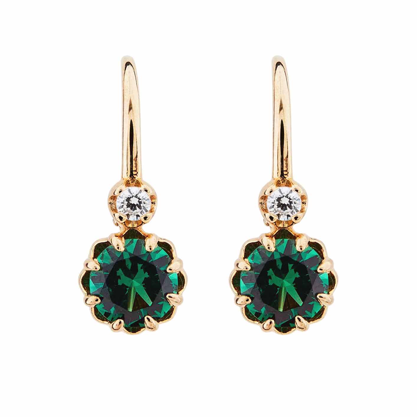 Lottie: Antique Style Earrings in Green Cubic Zirconia and Yellow Gold Plated Sterling Silver