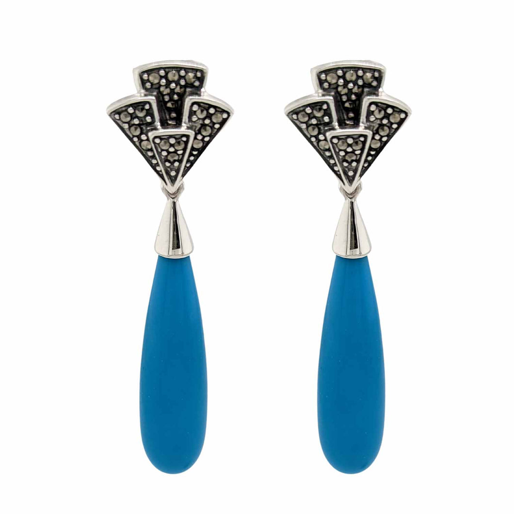 Lucy: Art Deco Drop Earrings in Turquoise, Marcasite and Sterling Silver