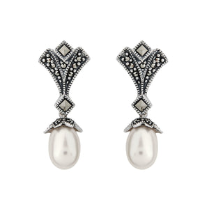 Lydia: Art Deco Drop Earrings in Pearl, Marcasite and Sterling Silver