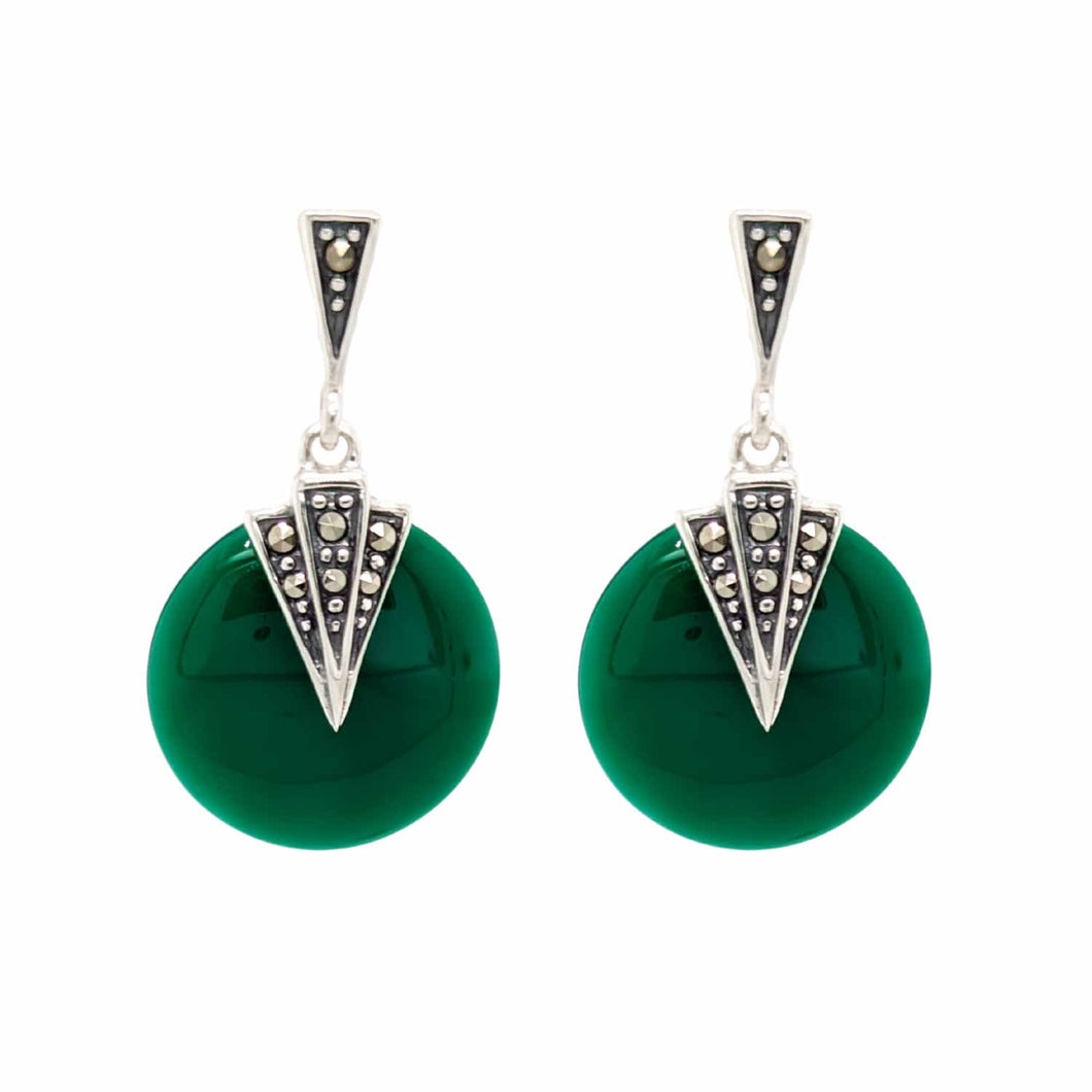 Mabel: Round Art Deco Drop Earrings in Green Agate, Marcasite and Sterling Silver