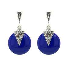 Load image into Gallery viewer, Mabel: Round Art Deco Drop Earrings in Synthetic Lapis Lazuli, Marcasite and Sterling Silver