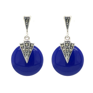 Mabel: Round Art Deco Drop Earrings in Synthetic Lapis Lazuli, Marcasite and Sterling Silver