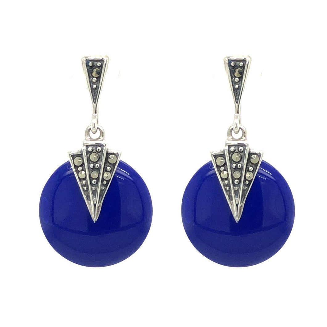 Mabel: Round Art Deco Drop Earrings in Synthetic Lapis Lazuli, Marcasite and Sterling Silver
