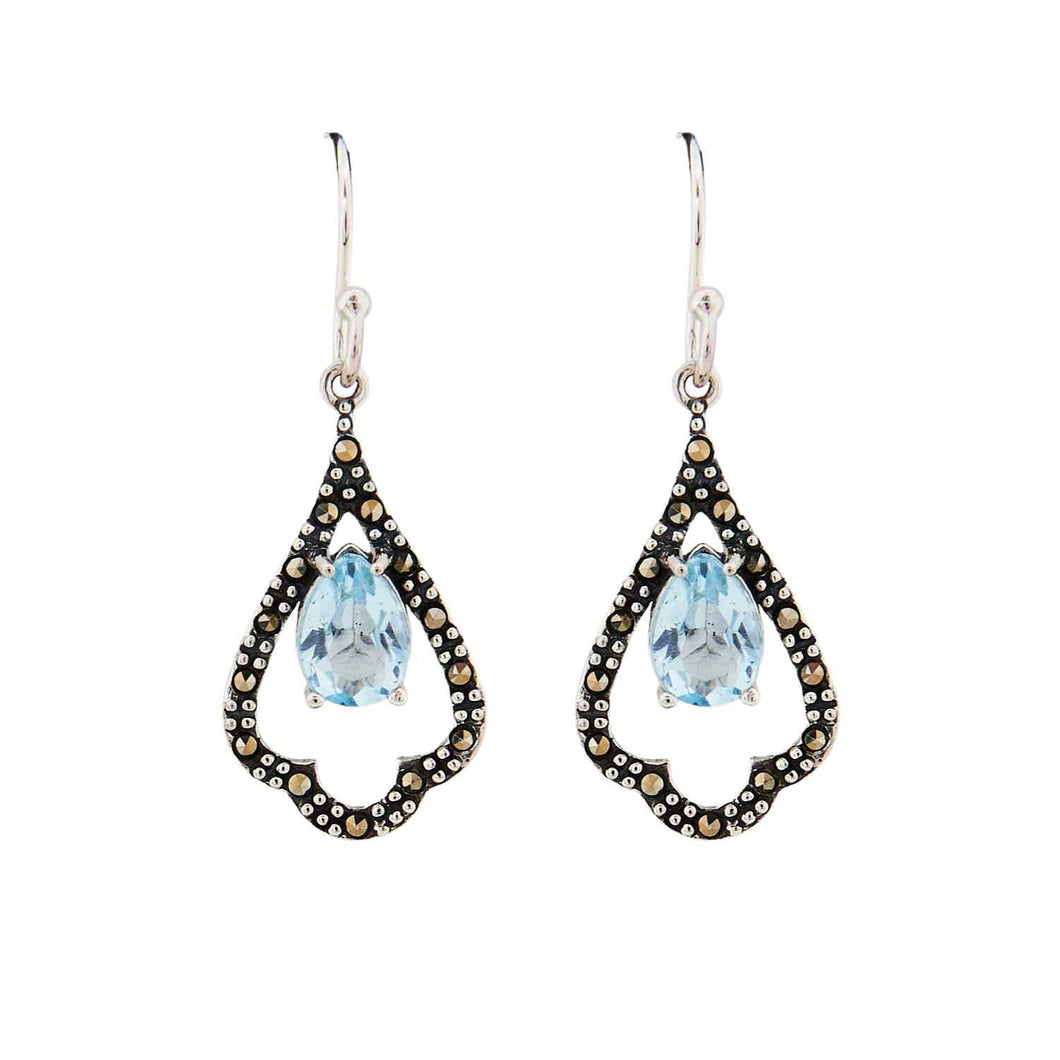 Nina: Edwardian Style Earrings in Blue Topaz, Marcasite and Sterling Silver