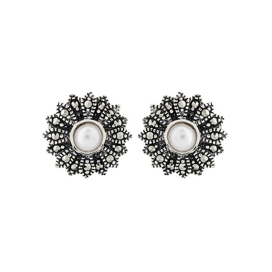 Margot: Retro Stud Earrings in Pearl, Marcasite and Sterling Silver