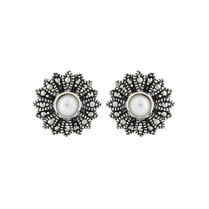 Margot: Retro Stud Earrings in Pearl, Marcasite and Sterling Silver