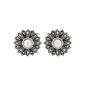 Margot: Retro Stud Earrings in Pearl, Marcasite and Sterling Silver