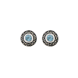 Maria: Art Deco Stud Earrings in Blue Topaz, Marcasite and Sterling Silver