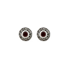 Load image into Gallery viewer, Maria: Art Deco Stud Earrings in Red Garnet, Marcasite and Sterling Silver