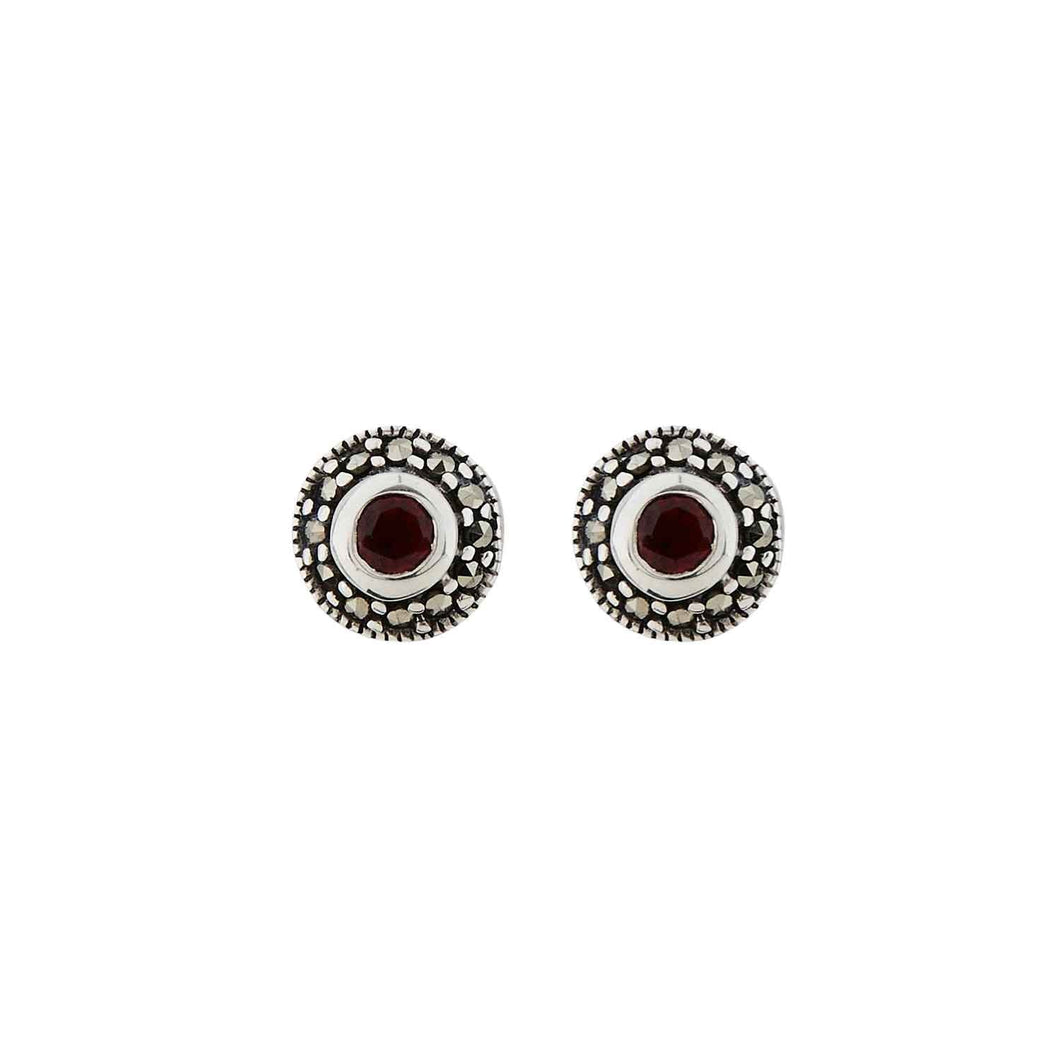 Maria: Art Deco Stud Earrings in Red Garnet, Marcasite and Sterling Silver