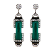 Load image into Gallery viewer, Marlene: Art Deco Barrel Drop Earrings in Green Agate, Cubic Zirconia, Black Onyx and Sterling Silver