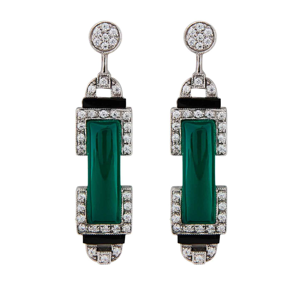 Marlene: Art Deco Barrel Drop Earrings in Green Agate, Cubic Zirconia, Black Onyx and Sterling Silver
