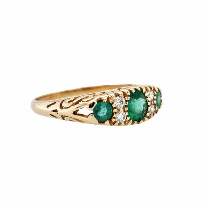 Matilda: Victorian Style Half Hoop Ring in 9ct Yellow Gold, Emerald and Diamond