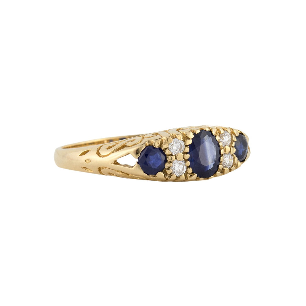 Matilda: Victorian Style Half Hoop Ring in 9ct Yellow Gold, Sapphire and Diamond