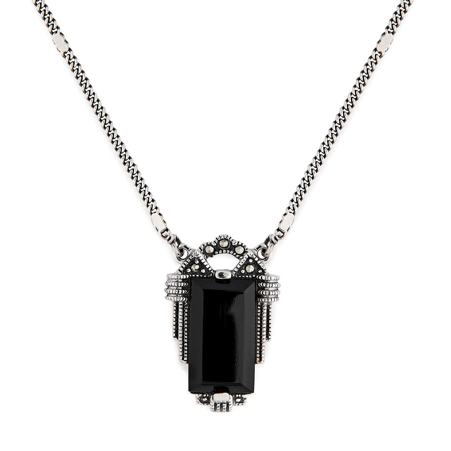 Nadia: Art Deco Necklace in Black Onyx, Marcasite and Sterling Silver