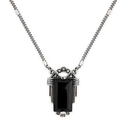 Nadia: Art Deco Necklace in Black Onyx, Marcasite and Sterling Silver