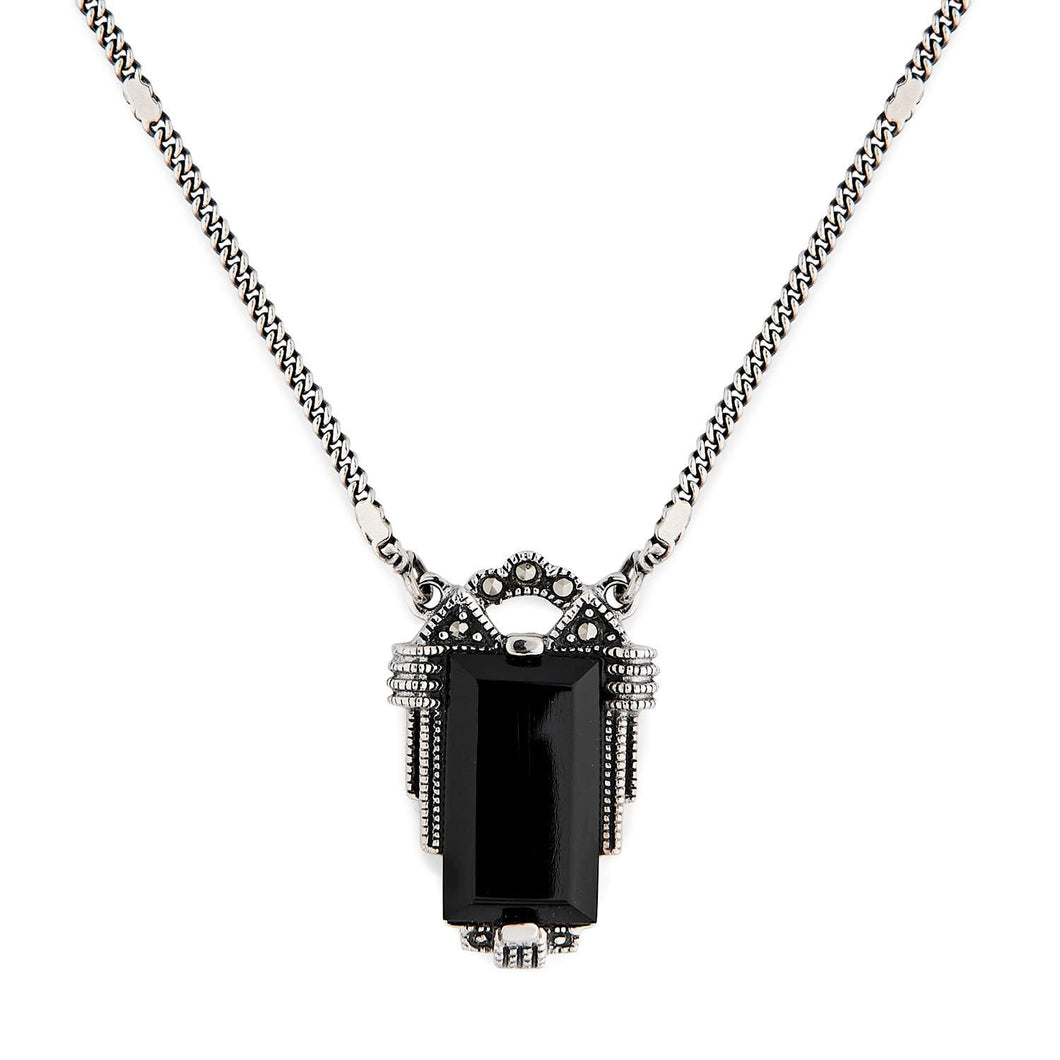 Nadia: Art Deco Necklace in Black Onyx, Marcasite and Sterling Silver