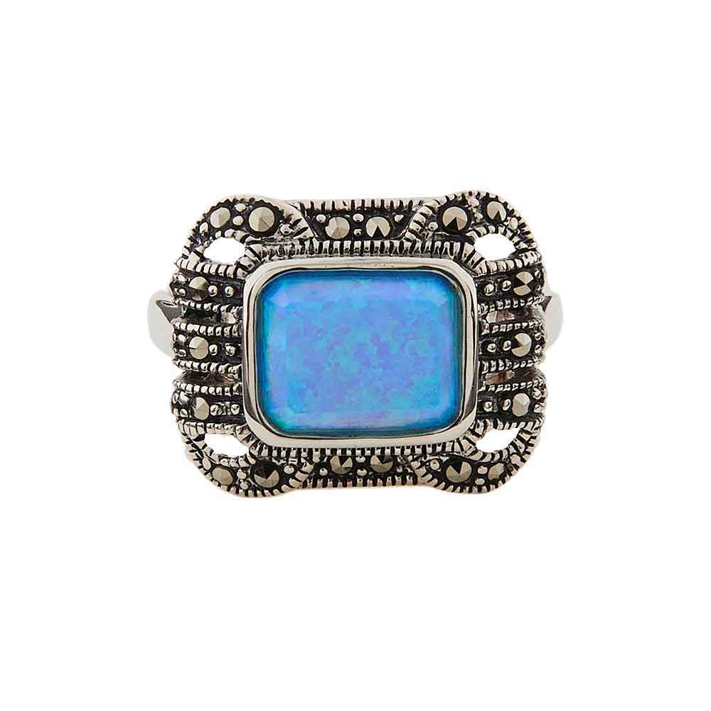 Naomi: Retro Ring in Created Opal, Marcasite and Sterling Silver