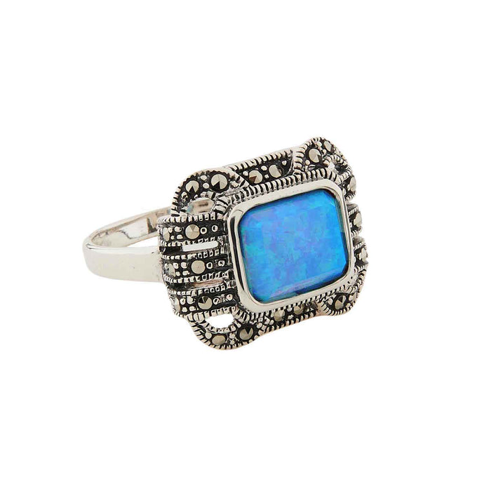 Naomi: Retro Ring in Created Opal, Marcasite and Sterling Silver