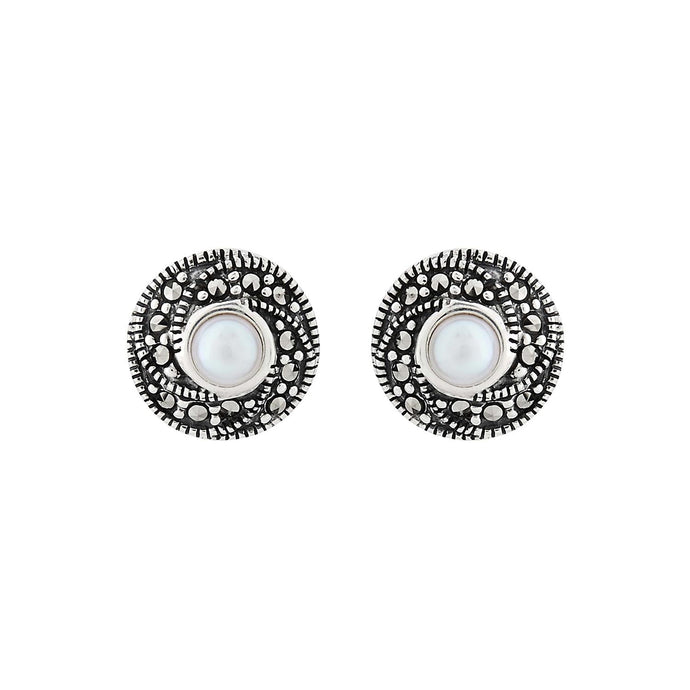 Nell: Classic Cluster Stud Earring in Pearl, Marcasite and Sterling Silver