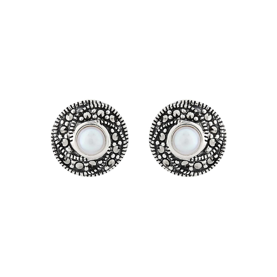 Nell: Classic Cluster Stud Earring in Pearl, Marcasite and Sterling Silver