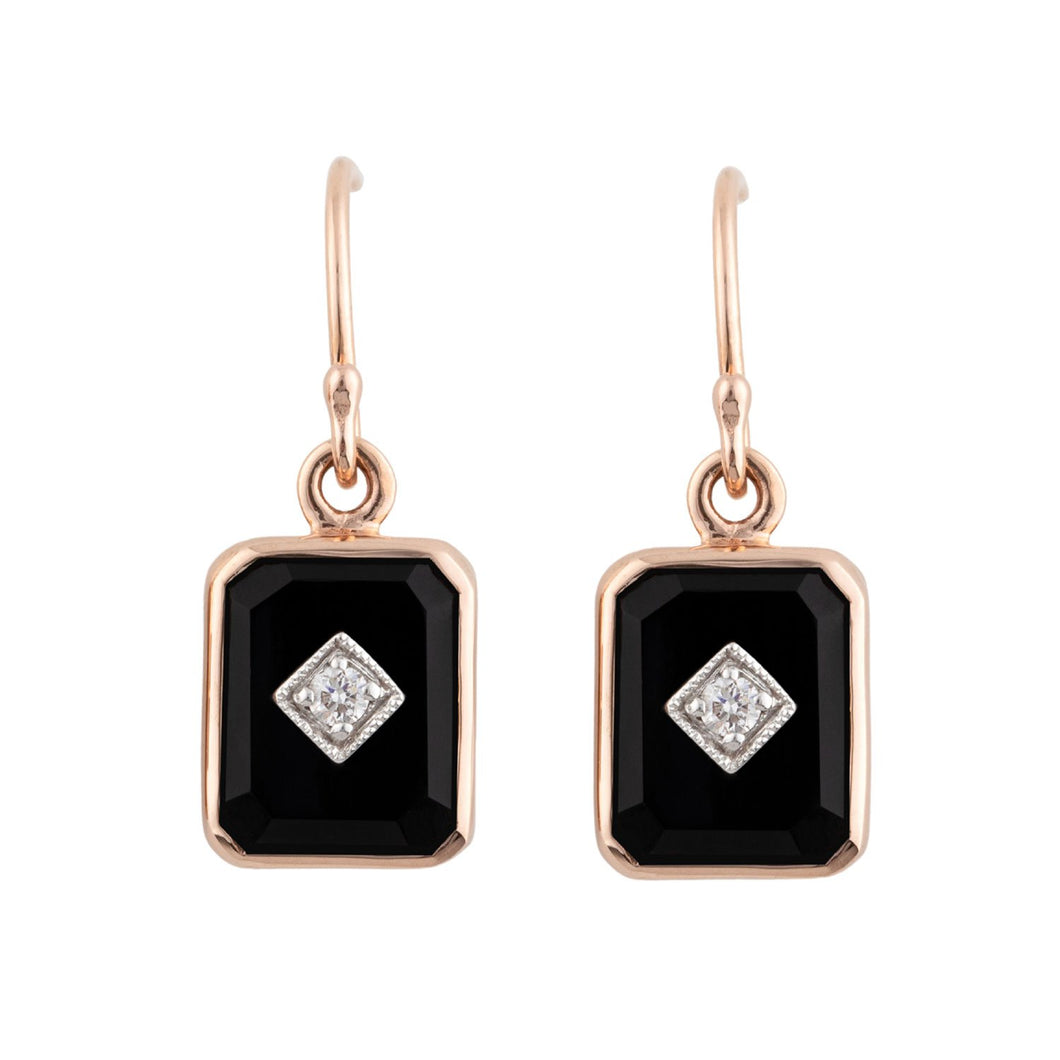 Octavia: Art Deco Style Earrings in 9ct Rose Gold, Onyx and Diamond