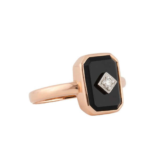 Octavia: Art Deco Style Ring in 9ct Rose Gold, Onyx and Diamond