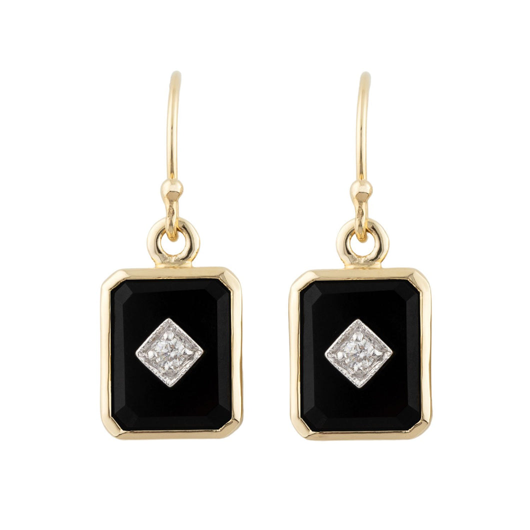 Octavia: Art Deco Style Earrings in 9ct Yellow Gold, Onyx and Diamond
