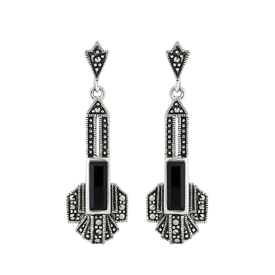 Orla: Art Deco Drop Earrings in Black Onyx, Marcasite and Sterling Silver