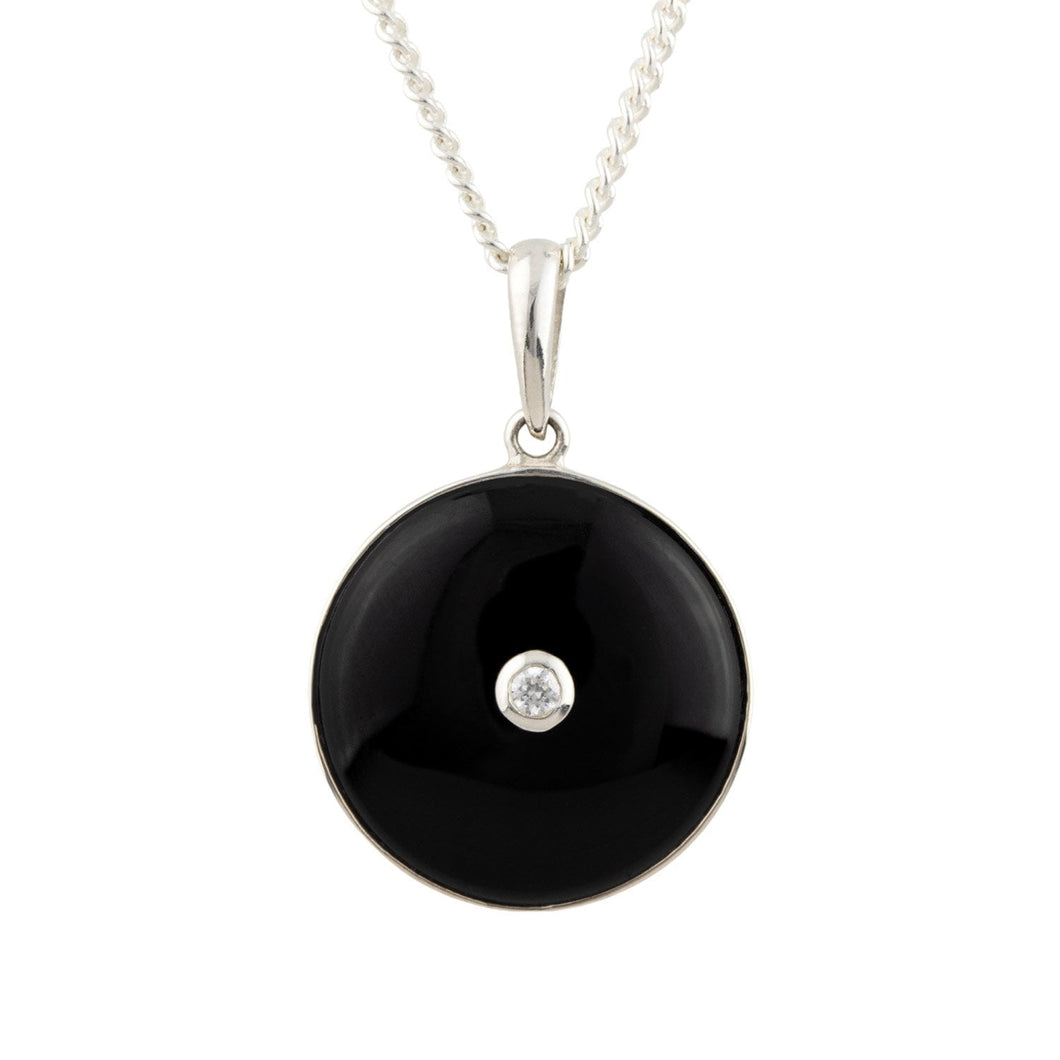Olive: Round Art Deco Pendant in Black Onyx, Cubic Zirconia and Sterling Silver