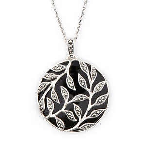 Art Deco Style Leaf Pendant Necklace: Sterling Silver, Black Onyx, Marcasite 