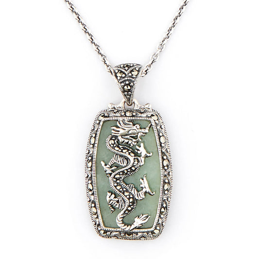 Dragon Pendant Necklace: Sterling Silver, Green Jade, Marcasite 