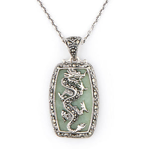 Dragon Pendant Necklace: Sterling Silver, Green Jade, Marcasite 