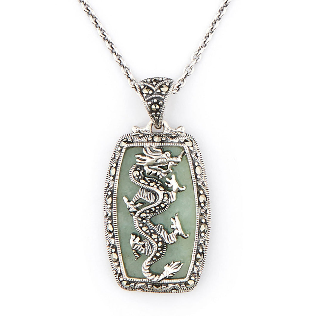 Dragon Pendant Necklace: Sterling Silver, Green Jade, Marcasite 