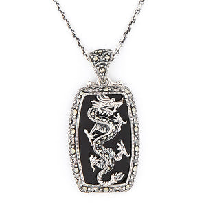 Dragon Pendant Necklace: Sterling Silver, Black Onyx, Marcasite