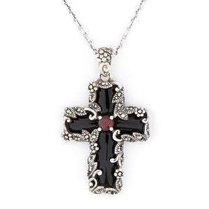Gothic Cross Pendant Necklace: Black Onyx, Garnet, Marcasite, Silver